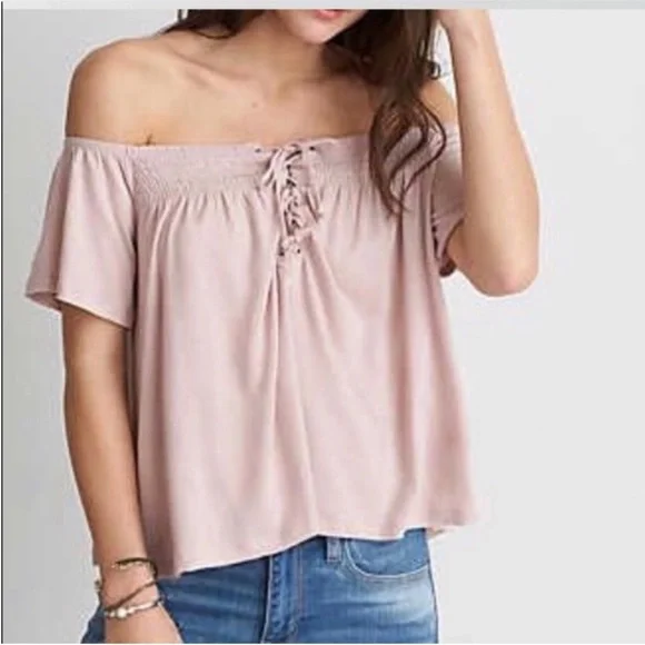 American Eagle shirt blush pink lace up off the shoulder flowy - Picture 1 of 10